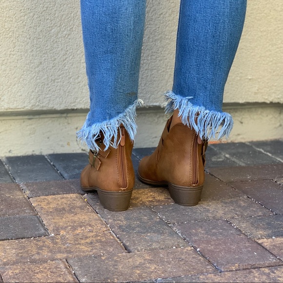 Tan Side Cut Out Cross Double Buckle Ankle Booties - Picture 7 of 8